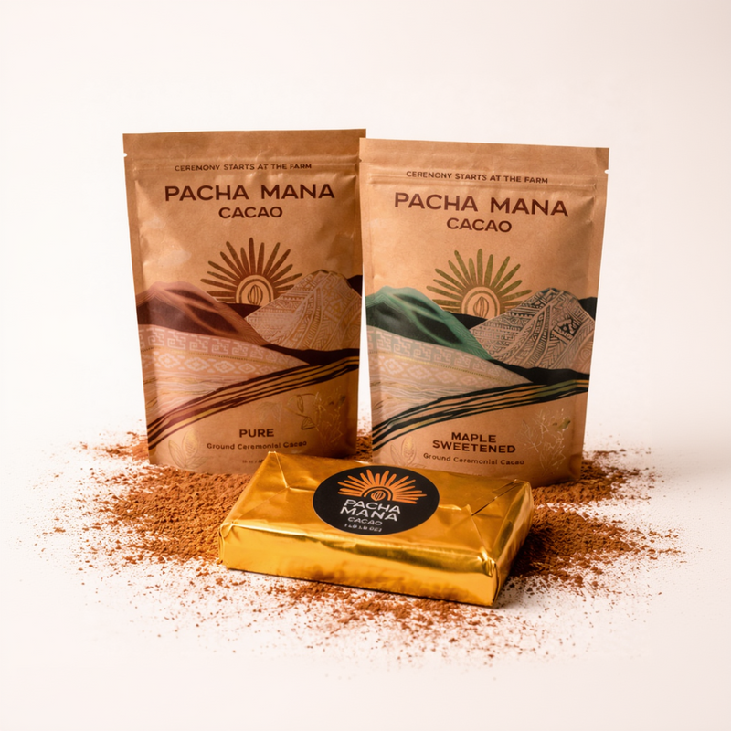 Pacha Mana Cacao packages with cacao powder on a white background