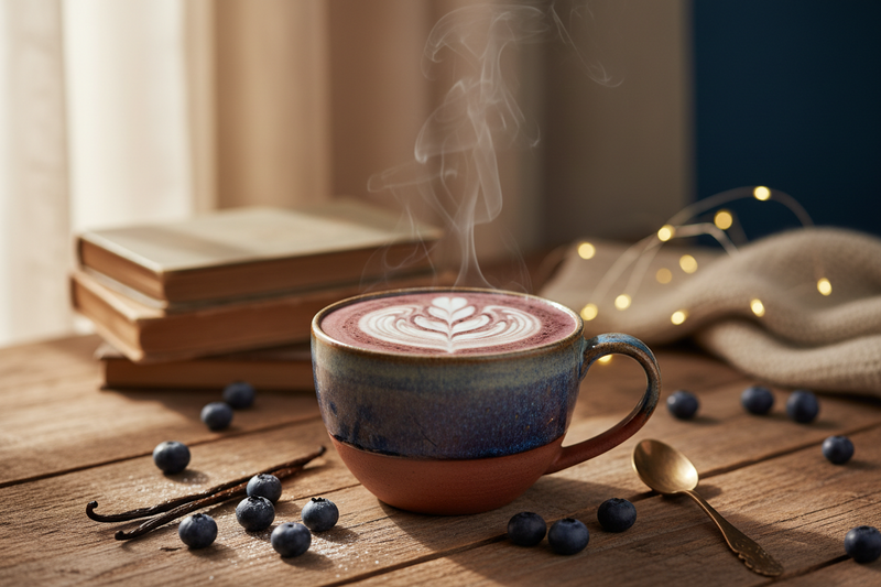 Blueberry Vanilla Ceremonial Cacao Latte: A cozy, café-style cup at home