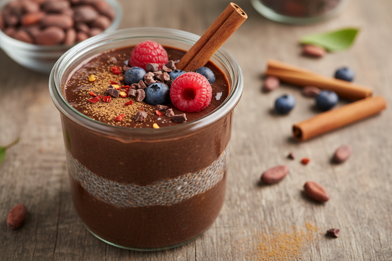 Chili Cinnamon Ceremonial Cacao Chia Pudding: Balanced sweetness and depth