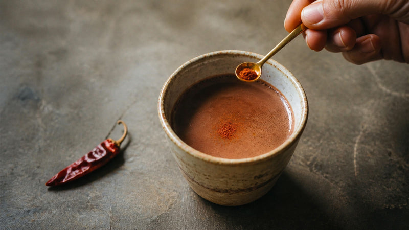A small measured pinch of cayenne being added to ceremonial cacao