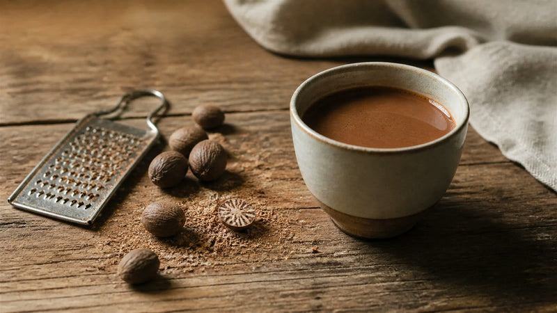 Ceremonial cacao with whole nutmeg and freshly grated nutmeg