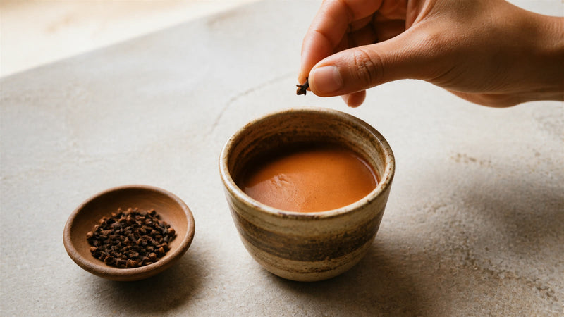 A single whole clove held above a ceramic cup of ceremonial cacao