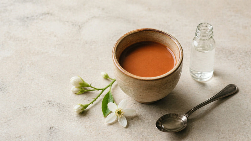 Orange blossom water measured by teaspoon beside ceremonial cacao