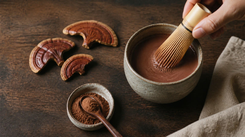 Ceremonial cacao with dried reishi slices, powder, and a whisk