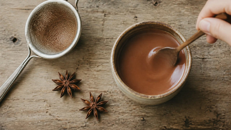 Ceremonial cacao with whole star anise and a fine-mesh strainer