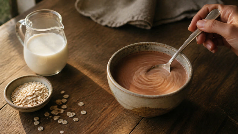 Oat milk swirling into ceremonial cacao beside rolled oats