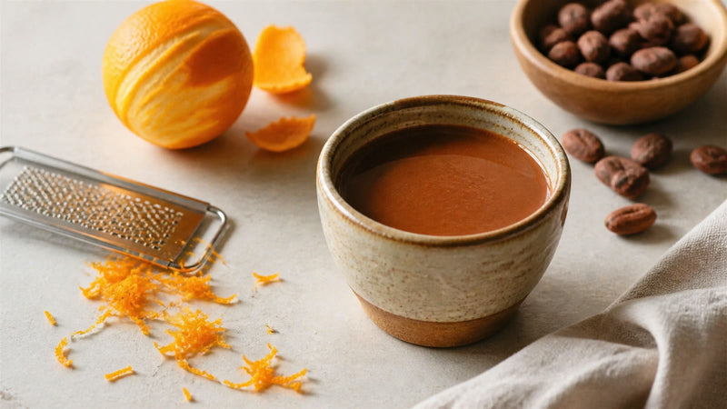 Ceremonial cacao with a fresh orange, zest, and a fine grater