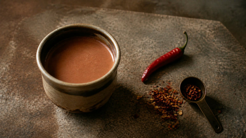 Ceremonial cacao with a fresh red chili and dried chili flakes