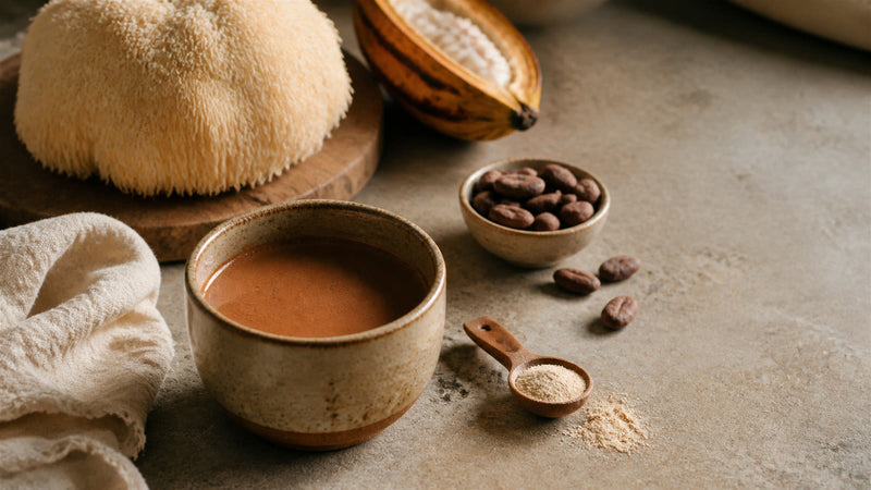 Ceremonial cacao beside a fresh lion's mane mushroom and powder