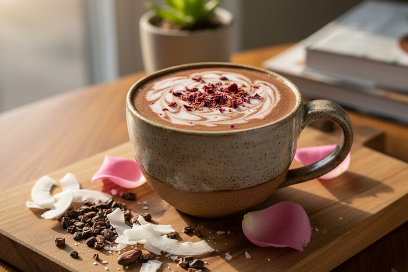 Rose Coconut Cacao Ritual Latte: Creamy, smooth, and not too sweet