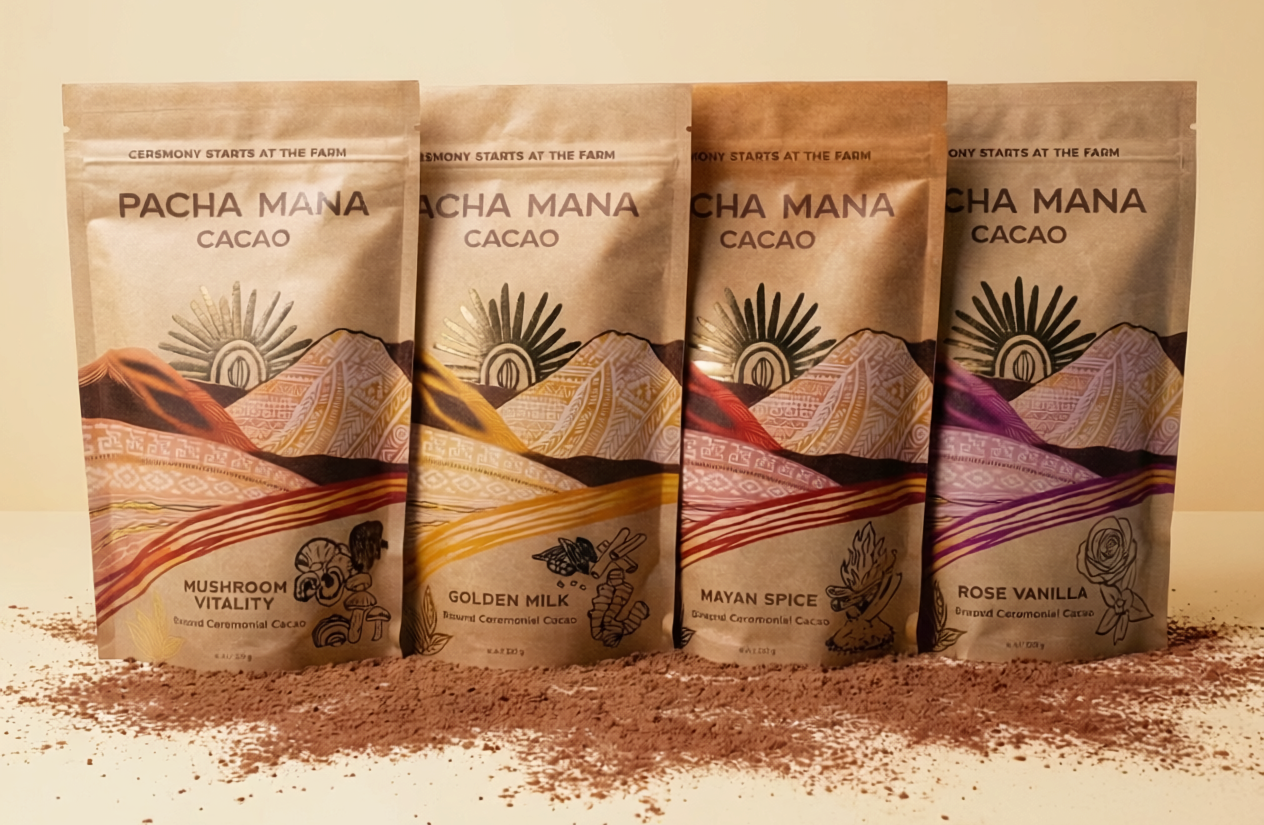Four Pacha Manu chocolate packages on a beige background with cacao powder.